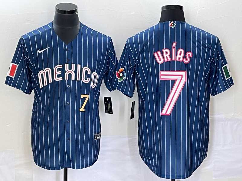 Mens Mexico Baseball #7 Julio Urias Number Navy Blue Pinstripe 2020 World Series Cool Base Nike Jersey 1->2023 world baseball classic->MLB Jersey